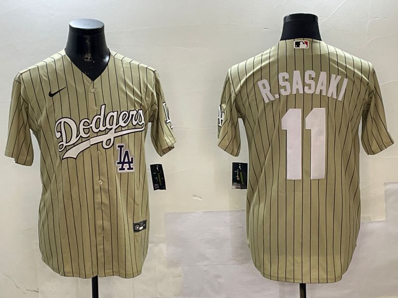 Men Los Angeles Dodgers #11 R.Sasaki Yellow Stripe Fashion Game 2025 Nike MLB Jersey style 6